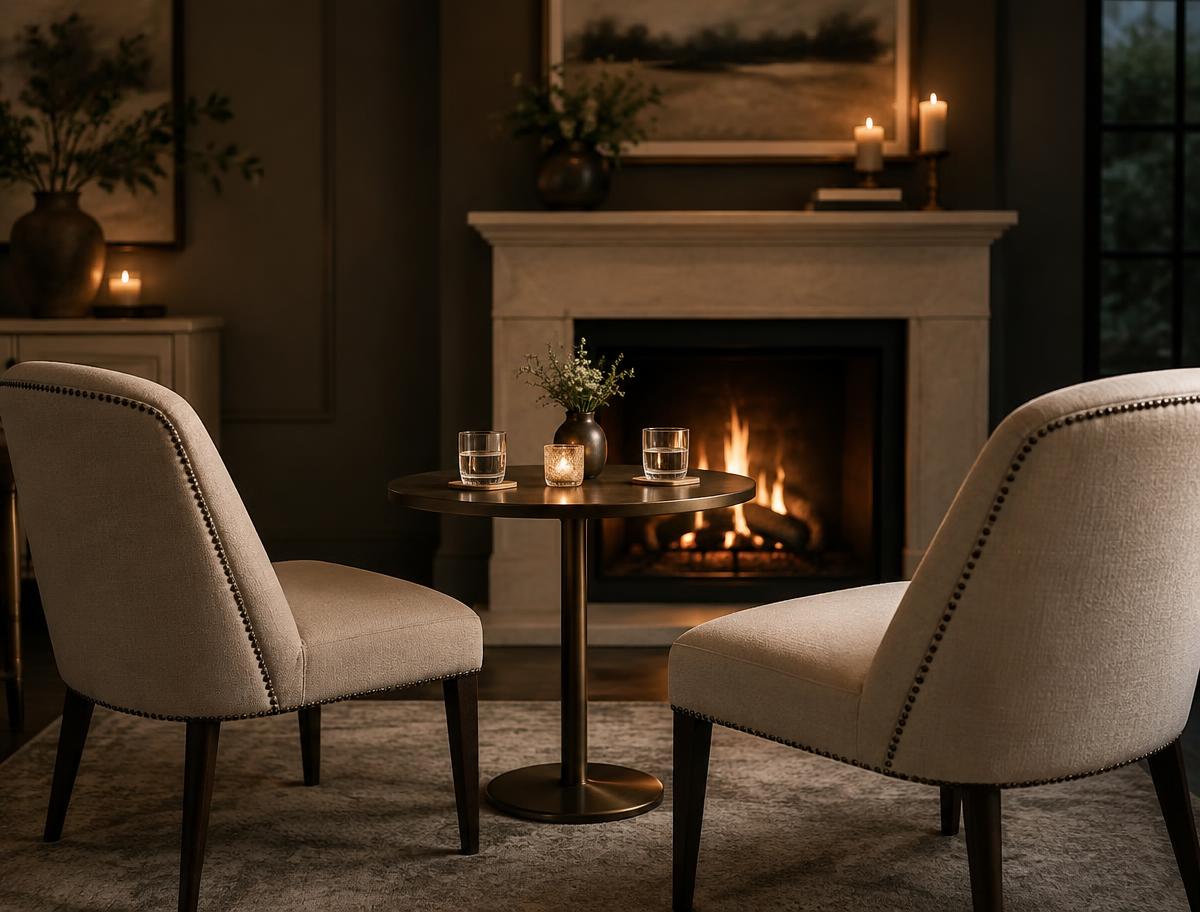 Two chairs arranged for an intimate fireside conversation